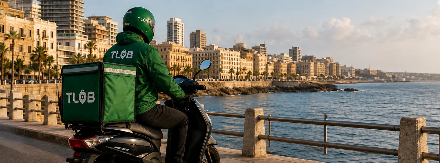 TLOB campaign illustration of a delivery rider overlooking the Beirut waterfront