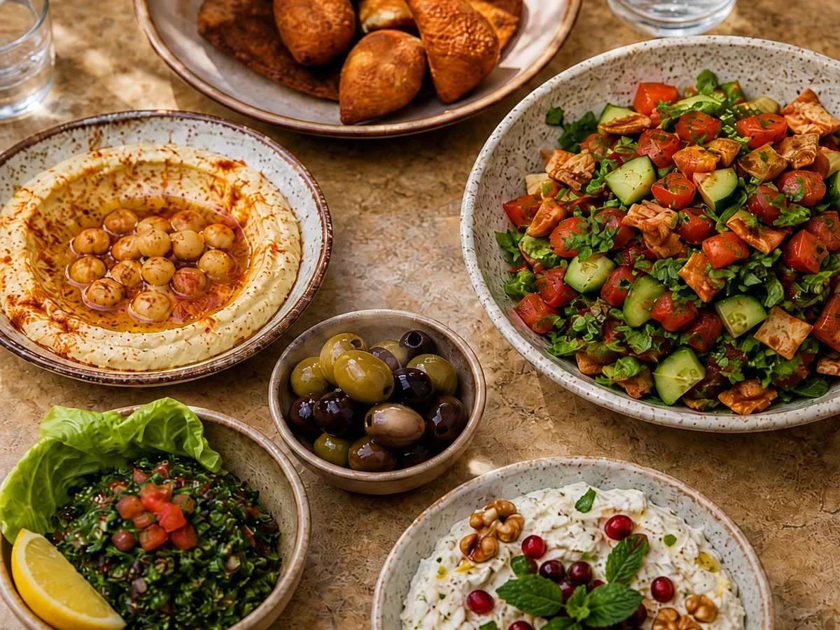 Lebanese mezze with hummus, fattoush, tabbouleh, olives and kibbeh