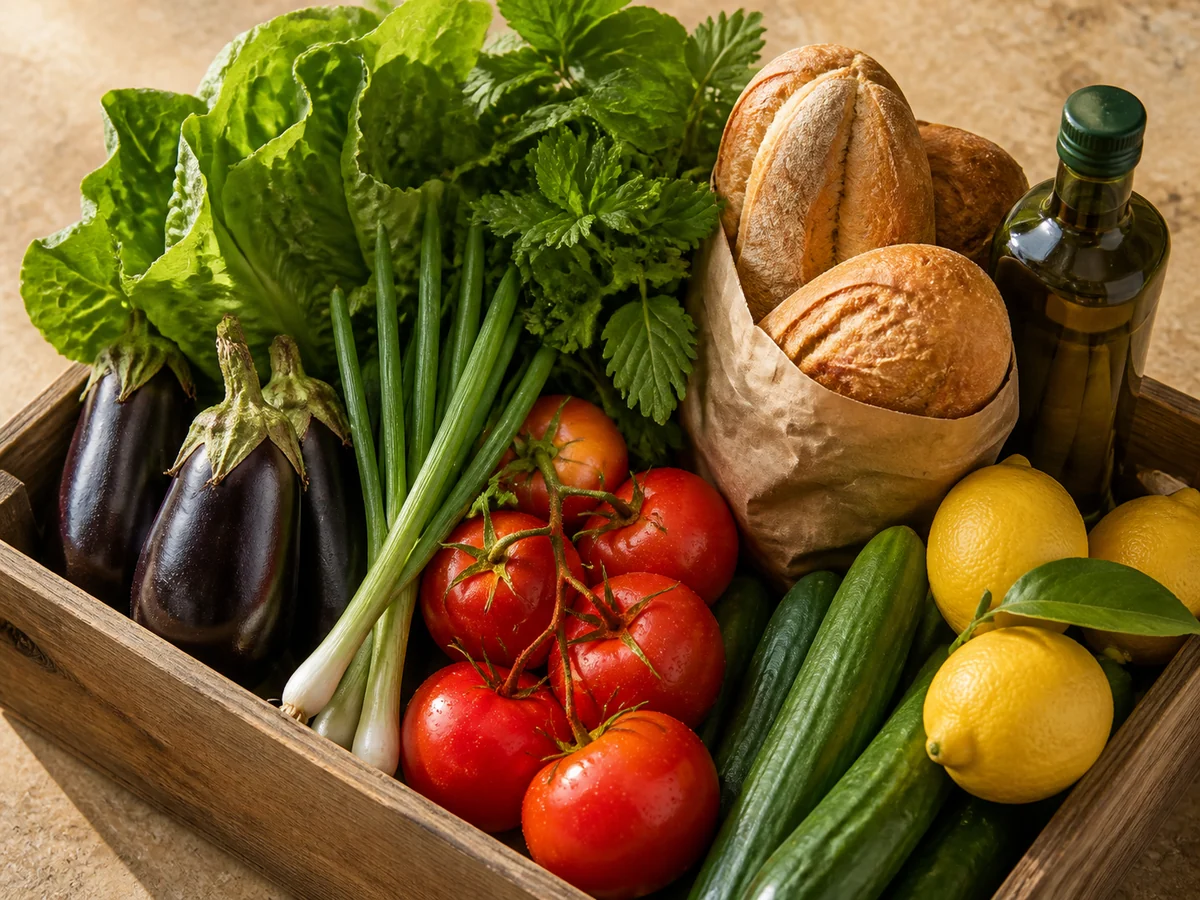 Fresh vegetables, herbs, bread and olive oil in a wooden grocery crate