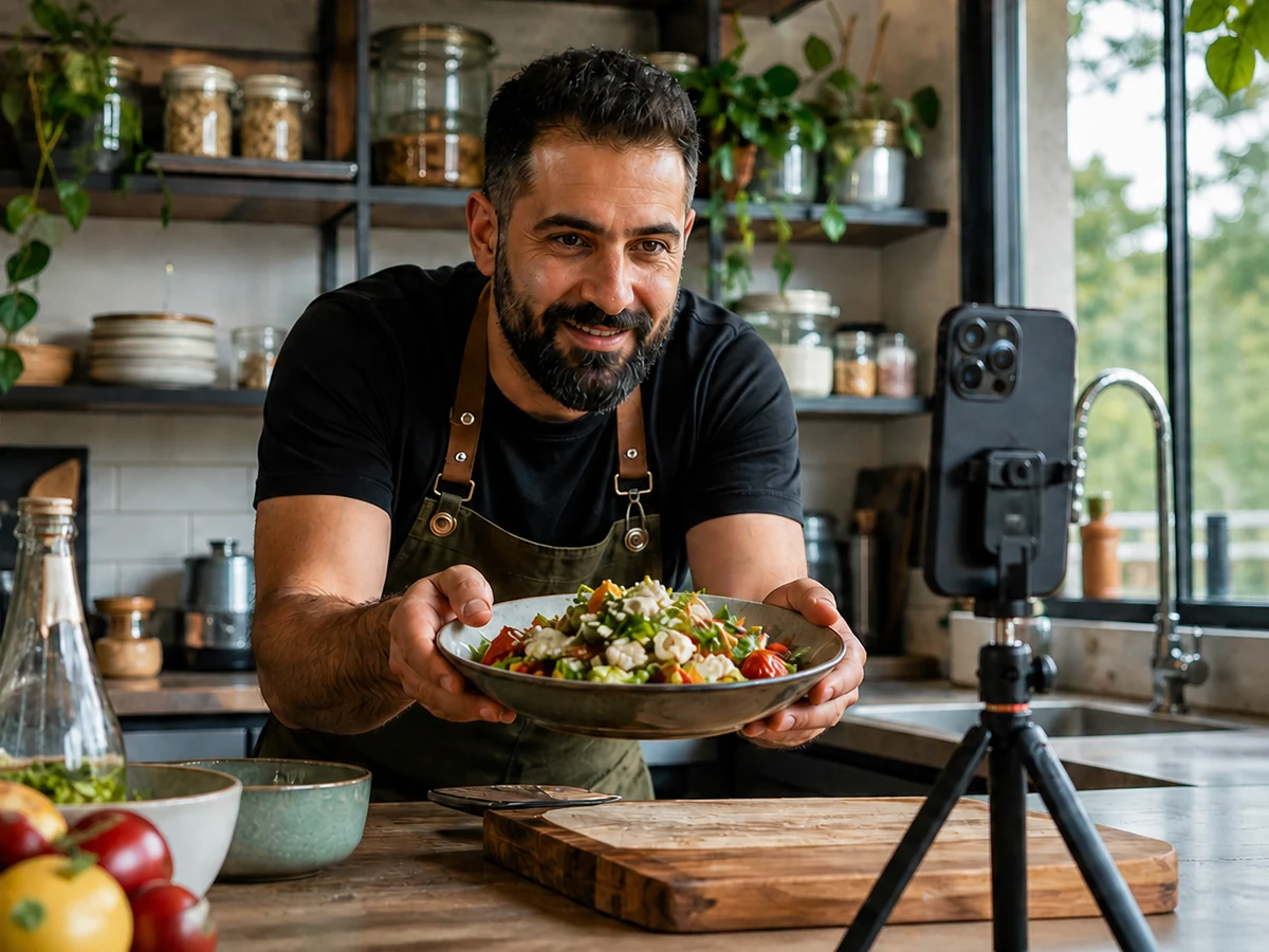 Campaign illustration of a merchant presenting a fresh dish to a smartphone camera in a kitchen