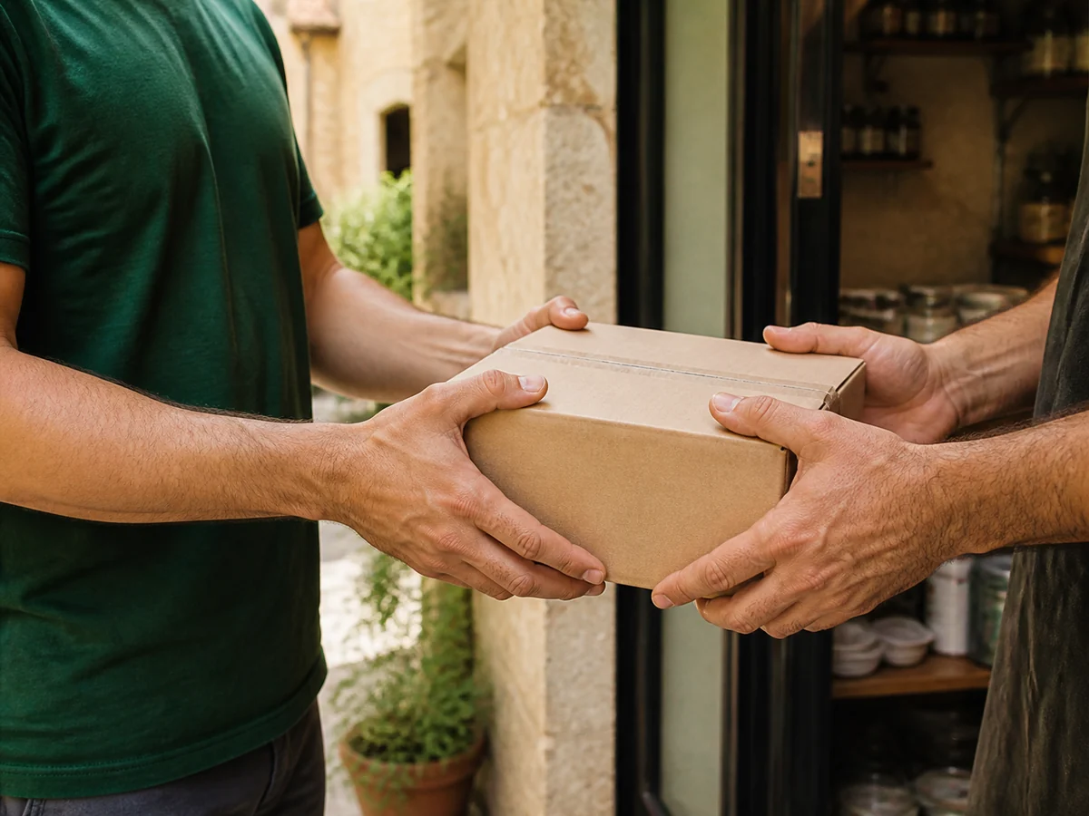 Campaign illustration of a parcel handover at a local shop