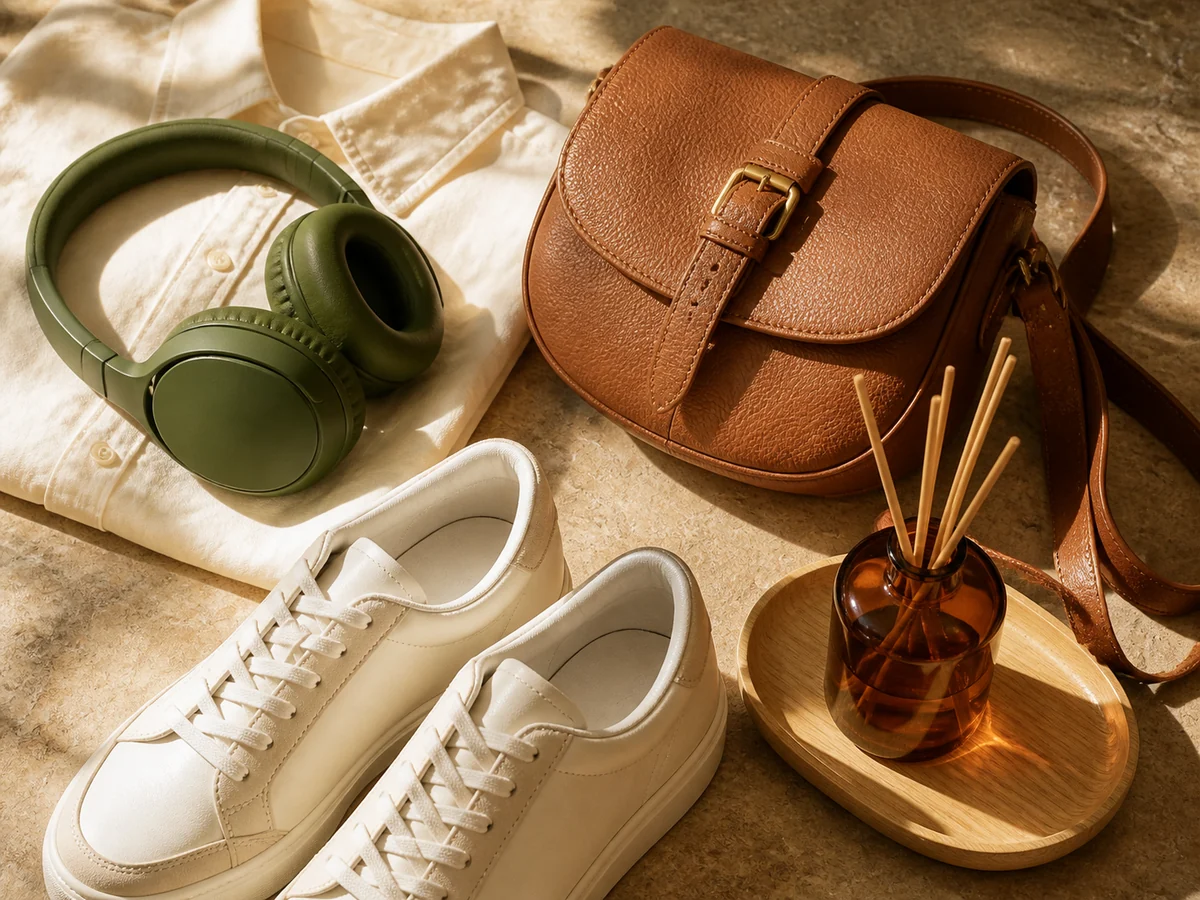 Headphones, a cotton shirt, leather bag, trainers and home fragrance